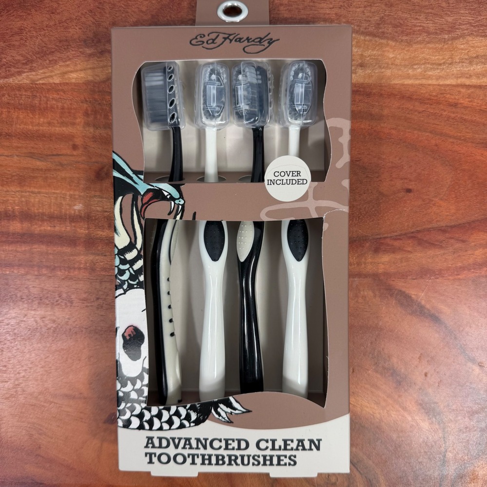 Ed Hardy Advanced Clean Toothbrushes 4 Pack Black White Tattoo Art New